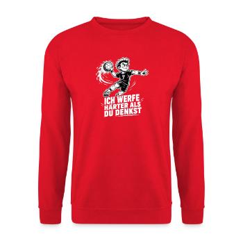 Ich werfe härter als du denkst – Handball Design - Unisex Pullover - Rot - Vorne - Alina (178cm) & Michal (187cm)