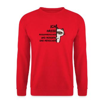 ICH HASSE MORGENMENSCHEN UND MORGEN UND MENSCHEN - Unisex Pullover - Rot - Vorne - Alina (178cm) & Michal (187cm)