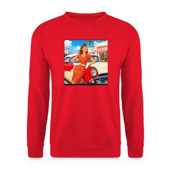 Polka-Punkt-Pinup im roten Kleid - Unisex Pullover - Rot - Vorne - Alina (178cm) & Michal (187cm)