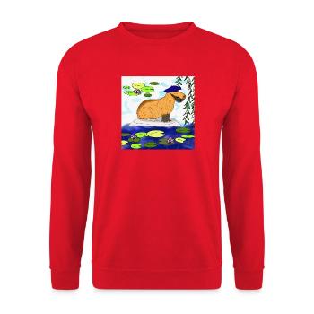 Capybara im Seerosen Teich - Unisex Pullover - Rot - Vorne - Alina (178cm) & Michal (187cm)