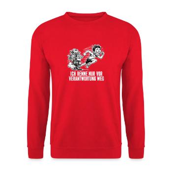 Ich renne vor Verantwortung weg – Sprinter Humor - Unisex Pullover - Rot - Vorne - Alina (178cm) & Michal (187cm)