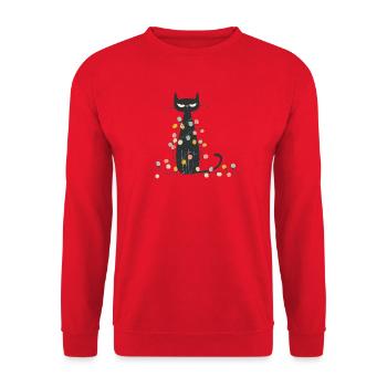 Schwarze Katze mit Weihnachtsbeleuchtung - Unisex Pullover - Rot - Vorne - Alina (178cm) & Michal (187cm)