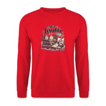 Mein Lesespaß – Realität? Nein danke! - Unisex Pullover - Rot - Vorne - Alina (178cm) & Michal (187cm)