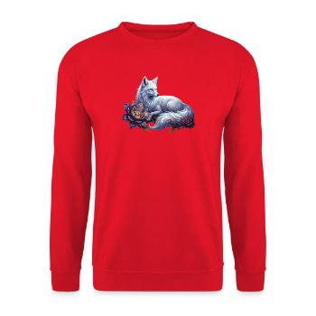 Himmelblauer Wolf unter Blumen - Unisex Pullover - Rot - Vorne - Alina (178cm) & Michal (187cm)