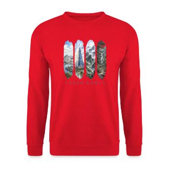 Nordkorea Travel – Architektur & Natur Motiv - Unisex Pullover - Rot - Vorne - Alina (178cm) & Michal (187cm)