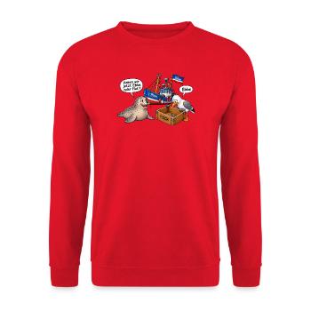 Ebbe oder Flut Hafenhumor - Unisex Pullover - Rot - Vorne - Alina (178cm) & Michal (187cm)