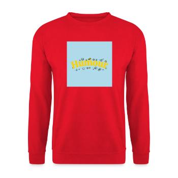 Gelber Humor in grooviger Schrift - Unisex Pullover - Rot - Vorne - Alina (178cm) & Michal (187cm)