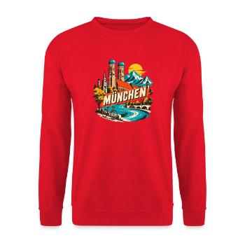 München Skyline Alpen Fahrrad Retro Design - Unisex Pullover - Rot - Vorne - Alina (178cm) & Michal (187cm)