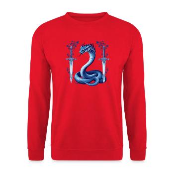 Design von blauen Schlangen-Dekorationsschwertern. - Unisex Pullover - Rot - Vorne - Alina (178cm) & Michal (187cm)