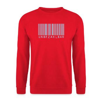 Barcode Hellblau "UNBEZAHLBAR"  - Unisex Pullover - Rot - Vorne - Alina (178cm) & Michal (187cm)
