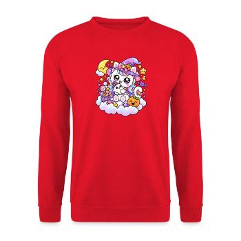 Kawaii-Hexenkatze auf den Wolken - Unisex Pullover - Rot - Vorne - Alina (178cm) & Michal (187cm)