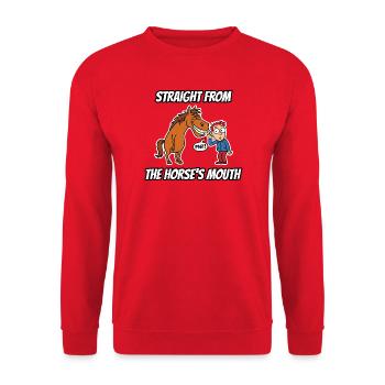Straight From the Horse's Mouth – lustiges Idiom Tee - Unisex Pullover - Rot - Vorne - Alina (178cm) & Michal (187cm)