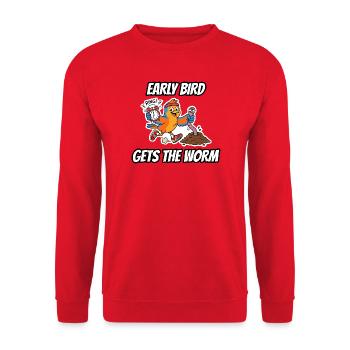 Early Bird bekommt den Wurm – lustige Idiom-Zeichentrickserie - Unisex Pullover - Rot - Vorne - Alina (178cm) & Michal (187cm)