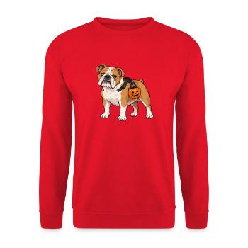 Bulldogge trägt einen Kürbis-Bonbon-Eimer - Unisex Pullover - Rot - Vorne - Alina (178cm) & Michal (187cm)
