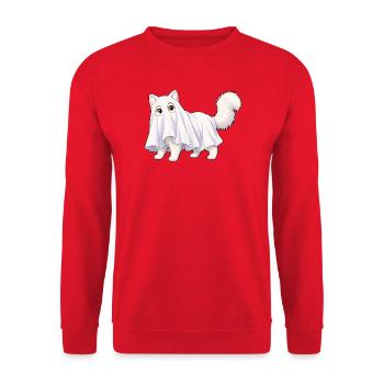 Katze versteckt sich unter einem Geisterlaken - Unisex Pullover - Rot - Vorne - Alina (178cm) & Michal (187cm)