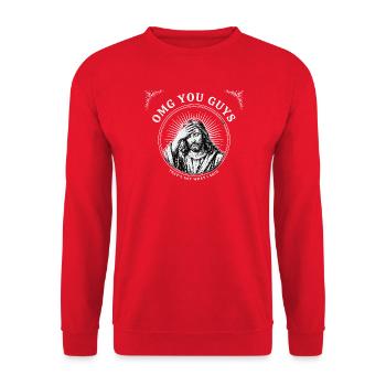  OMG YOU GUYS THATS NOT WHAT I SAID Jesus Meme - Unisex Pullover - Rot - Vorne - Alina (178cm) & Michal (187cm)