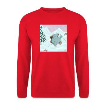 Yeti Skifahrer im Winterwald mit Schneehase - Unisex Pullover - Rot - Vorne - Alina (178cm) & Michal (187cm)