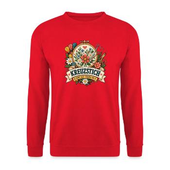 Kreuzstich – Kopf aus Faden an - Unisex Pullover - Rot - Vorne - Alina (178cm) & Michal (187cm)