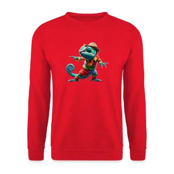 Buntes Chamäleon im Outfit – Lustiges Tierdesign - Unisex Pullover - Rot - Vorne - Alina (178cm) & Michal (187cm)