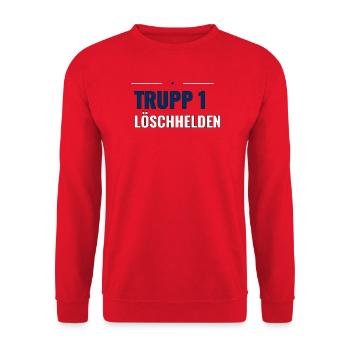 Jugendfeuerwehr Truppshirt – Trupp 1 Löschhelden - Unisex Pullover - Rot - Vorne - Alina (178cm) & Michal (187cm)
