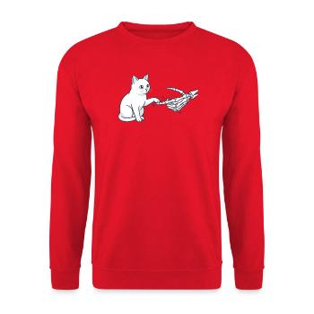 Skeletthand berührt Katzenpfote Creepy Cute - Unisex Pullover - Rot - Vorne - Alina (178cm) & Michal (187cm)