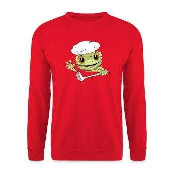 Peeking_chef_gecko_with_a_ladle_in_his_hand - Unisex Pullover - Rot - Vorne - Alina (178cm) & Michal (187cm)