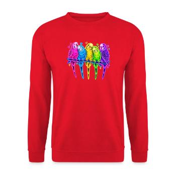 Wellensittiche in Neonfarben – Vogelfreunde - Unisex Pullover - Rot - Vorne - Alina (178cm) & Michal (187cm)