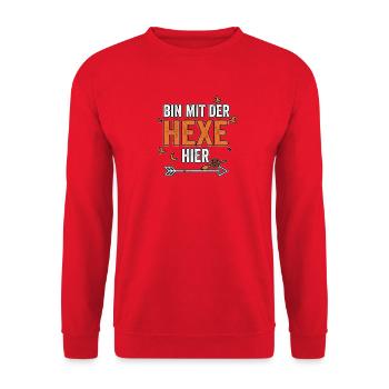 Bin mit der Hexe hier Halloween Hexenhut  - Unisex Pullover - Rot - Vorne - Alina (178cm) & Michal (187cm)
