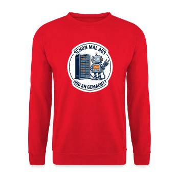 IT Support Robot Lustiges Shirt Reboot - Unisex Pullover - Rot - Vorne - Alina (178cm) & Michal (187cm)