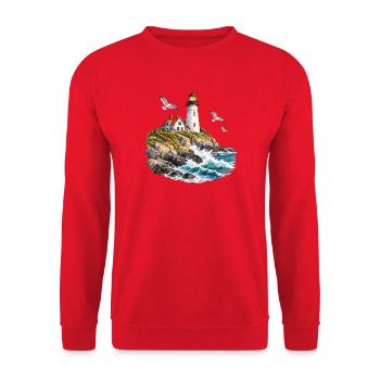 Leuchtturm an rauer Küste - Unisex Pullover - Rot - Vorne - Alina (178cm) & Michal (187cm)