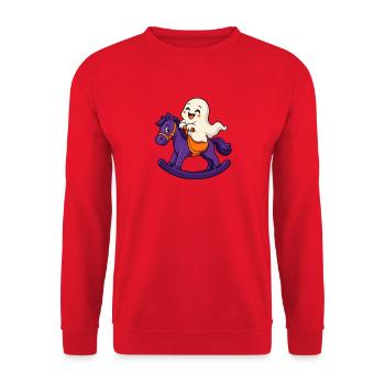 Süßer Halloween-Geist auf einem schaukelnden Pferd - Unisex Pullover - Rot - Vorne - Alina (178cm) & Michal (187cm)