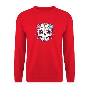 Niedlich dekorierter Zuckerschädel mit Blumen und Sternen - Unisex Pullover - Rot - Vorne - Alina (178cm) & Michal (187cm)