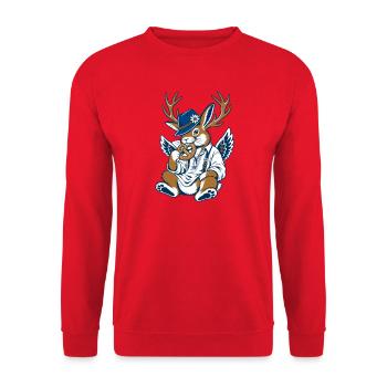 Wolpertinger Hase mit Geweih Trachten Motiv Brezel - Unisex Pullover - Rot - Vorne - Alina (178cm) & Michal (187cm)