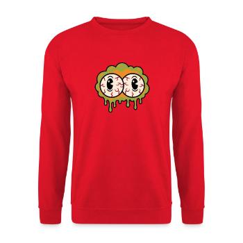 Retro-Cartoon-Augen mit unheimlichem, tropfendem Schleim - Unisex Pullover - Rot - Vorne - Alina (178cm) & Michal (187cm)