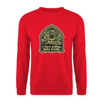 I Turn Coffee Into Code Entwickler Design - Unisex Pullover - Rot - Vorne - Alina (178cm) & Michal (187cm)