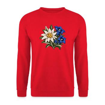 Edelweiß und Enzian im Stickerei-Look - Unisex Pullover - Rot - Vorne - Alina (178cm) & Michal (187cm)