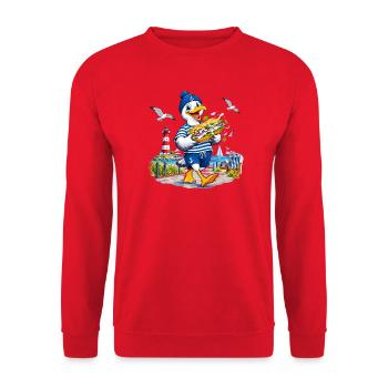 Küstenmöwe Mopsi mit Sandwich - Unisex Pullover - Rot - Vorne - Alina (178cm) & Michal (187cm)