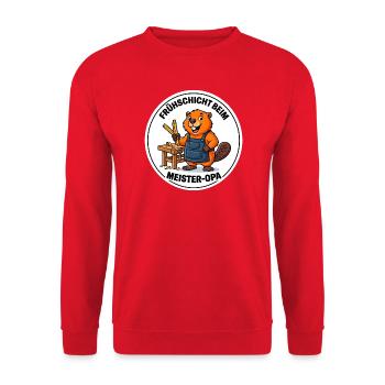 Frühschicht Meister-Opa Heimwerker T-Shirt - Unisex Pullover - Rot - Vorne - Alina (178cm) & Michal (187cm)