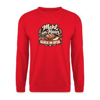 Mehl im Haar. Glück im Ofen. Bäcker - Unisex Pullover - Rot - Vorne - Alina (178cm) & Michal (187cm)