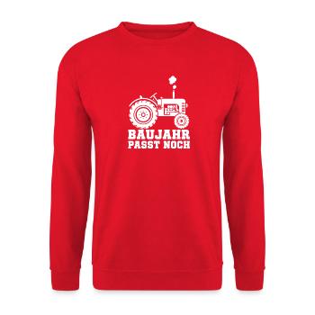 Baujahr passt noch Traktor Landwirt T-Shirt - Unisex Pullover - Rot - Vorne - Alina (178cm) & Michal (187cm)