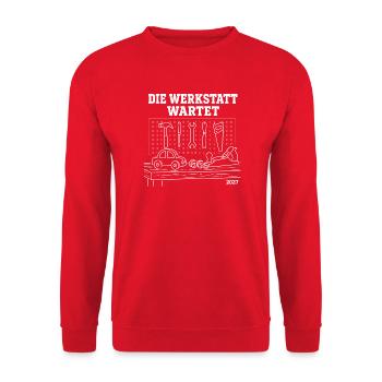 Die Werkstatt wartet Holzwerken Handwerker Shirt - Unisex Pullover - Rot - Vorne - Alina (178cm) & Michal (187cm)