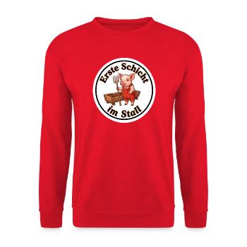 Erste Schicht Stall Ferkel Baby Shirt - Unisex Pullover - Rot - Vorne - Alina (178cm) & Michal (187cm)