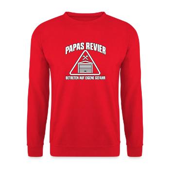 Papas Revier Garage Werkstatt Geschenk Shirt - Unisex Pullover - Rot - Vorne - Alina (178cm) & Michal (187cm)