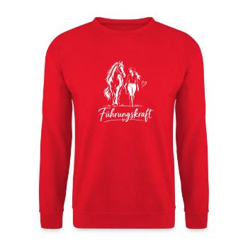 Führungskraft und Pferd Illustration - Unisex Pullover - Rot - Vorne - Alina (178cm) & Michal (187cm)