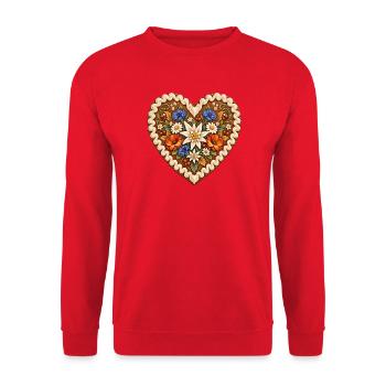 Lebkuchenherz mit Edelweiß & Alpenblumen - Unisex Pullover - Rot - Vorne - Alina (178cm) & Michal (187cm)