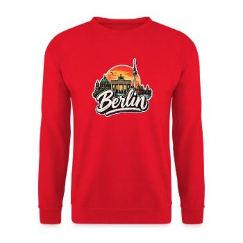 Berlin Skyline Retro Hauptstadt Motiv Wahrzeichen  - Unisex Pullover - Rot - Vorne - Alina (178cm) & Michal (187cm)