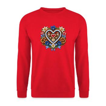 Lebkuchenherz mit Edelweiß und Enzian - Unisex Pullover - Rot - Vorne - Alina (178cm) & Michal (187cm)