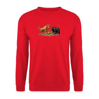 Bulle und Bär Börse Aktien Trading Finanzmarkt - Unisex Pullover - Rot - Vorne - Alina (178cm) & Michal (187cm)
