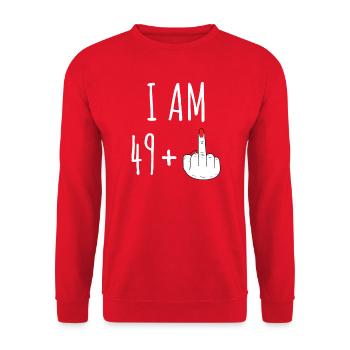 49 Plus 50 Geburtstag Frau Frecher Spruch - Unisex Pullover - Rot - Vorne - Alina (178cm) & Michal (187cm)