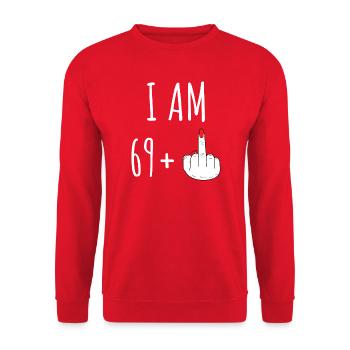 69 Plus 70 Geburtstag Frau Frecher Spruch - Unisex Pullover - Rot - Vorne - Alina (178cm) & Michal (187cm)